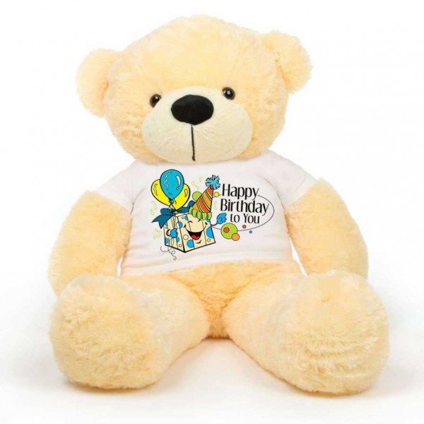 Peach 5 feet Big Teddy Bear wearing a Happy Birthday To You T-shirt